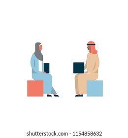 arab couple sitting using laptop business meeting communication concept man woman cartoon character silhouette full length isolated vector illustration