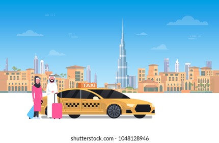 Arab Couple Sitting In Yellow Taxi Car Over Dubai City Background