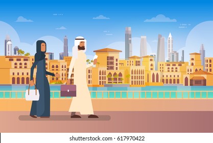 Arab Couple Walking Dubai, Modern Building Cityscape Skyline Panorama Business Travel And Tourism Concept Flat Vector Illustration