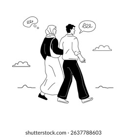 An Arab couple walks together, a woman holding a man's arm. Outline doodle black and white illustration.