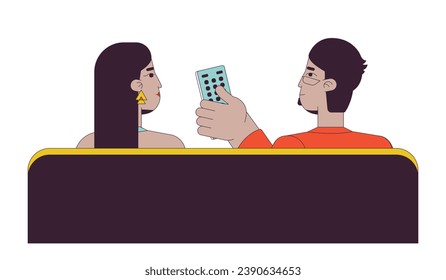 Arab couple watching tv 2D linear cartoon characters. Middle eastern bearded man clicking tv remote control isolated line vector people white background. Changing channels color flat spot illustration