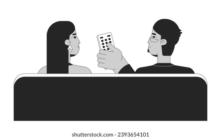Arab couple watching tv black and white 2D line cartoon characters. Middle eastern beard man clicking remote control isolated vector outline people. Switch channel monochromatic flat spot illustration