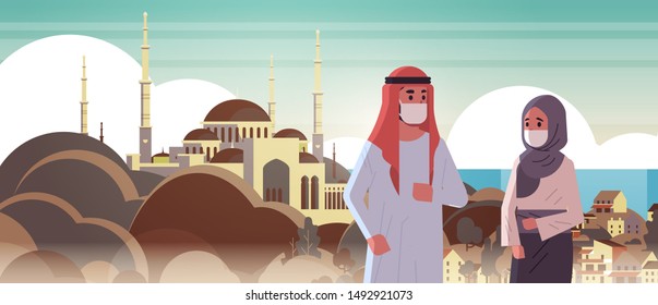 arab couple wearing face masks environmental industrial smog dust toxic air pollution virus protection concept arabic man woman walking outdoor mosque building cityscape portrait horizontal