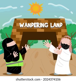 arab couple welcoming to entrance of theme park illustration