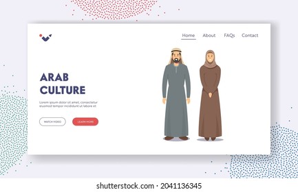 Arab Culture Landing Page Template. Man and Woman Arabic People. Bearded Arabian Male Character Dressed in Traditional Grey National Costume and Girl in Brown Hijab. Cartoon People Vector Illustration