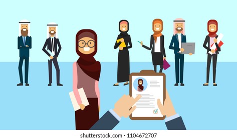 Arab Curriculum Vitae Recruitment Candidate Job Position, Hands Hold CV Profile Choose From Arabic Group Of Business People To Hire Businesswoman Interview