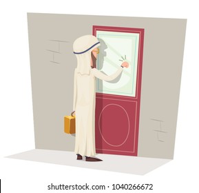 Arab Customer Oriented Business Concept Businessman with Briefcase Knocking at Customer Door Wall Background Cartoon Design Vector Illustration
