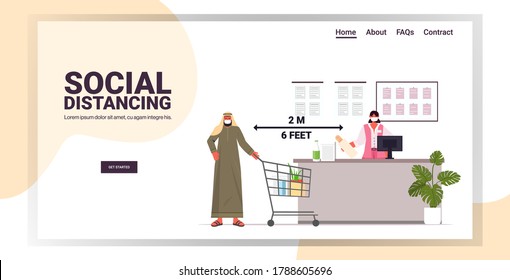 arab cutomer in protective mask standing at cash desk keeping distance to prevent coronavirus social distancing concept groceries store horizontal full length copy space vector illustration