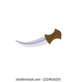 Arab Dagger With Curved Blade. Omani Culture And Weapons. Yemeni Knife With Ornament. Flat Illustration