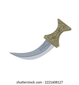 Arab Dagger With Curved Blade. Omani Culture And Weapons. Yemeni Knife With Ornament. Flat Illustration Isolated On White.