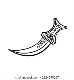 Arab Dagger With Curved Blade. Omani Culture And Weapons. Yemeni Knife With Ornament. Flat Illustration Isolated On White.