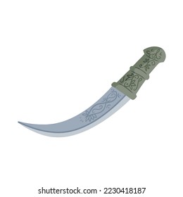 Daga árabe con cuchilla curva. Cultura y armas omaníes. Cuchillo yemení con adorno. Ilustración plana aislada en blanco.