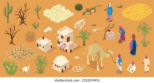 Arab desert landscape with traditional mud brick houses people flora and fauna isometric horizontal background vector illustration