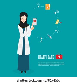 arab doctor character with mobile application for treatment. healthcare medical.