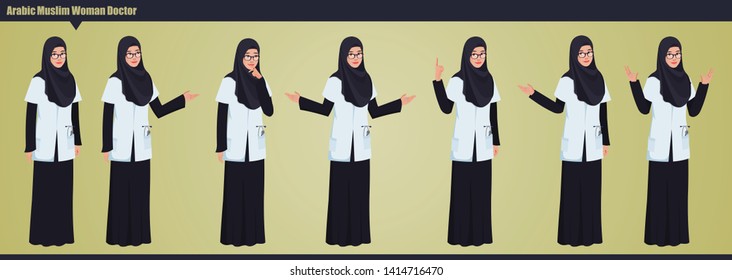 An Arab doctor in hijab poses and actions. Muslim female doctor. Arabian hospital concept.