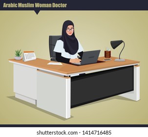 An Arab doctor in hijab sitting in office. Muslim female doctor. Arabian hospital concept.