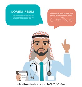 arab doctor makes recommendations, Doctor man finger point up