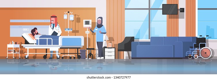 arab doctor and nurse in hijab visiting patient man lying bed with dropper intensive therapy ward healthcare concept hospital room interior medical clinic horizontal banner full length