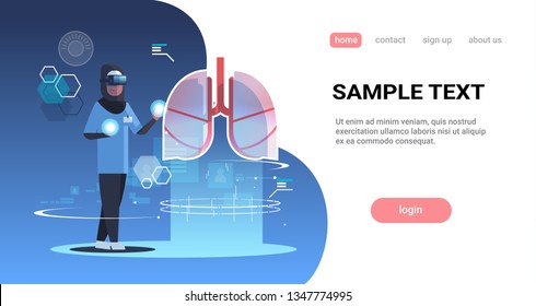 arab doctor nurse wearing digital glasses looking virtual reality lungs human organ anatomy medical vr headset vision concept clinic room interior full length horizontal copy space