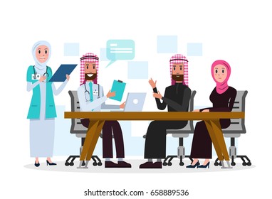 Arab Doctor Talking With Patient In The Hospital. Flat Character Design. Vector Illustration