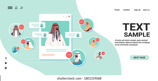 arab doctor in web browser window consulting arabic patients online medical consultation healthcare medicine concept horizontal copy space portrait vector illustration