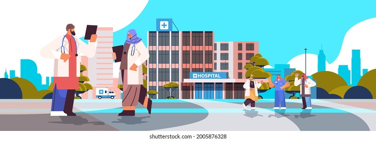 arab doctors in uniform discussing during meeting neat modern hospital building healthcare medicine concept