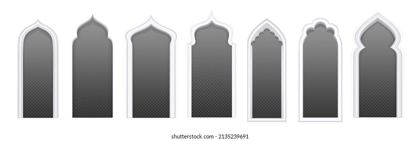 Arab door arches different shapes for mosque, islamic and oriental architecture. Vector realistic set of traditional arabic doorway frames in white wall with transparent background