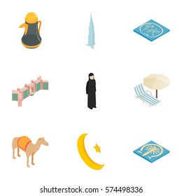 Arab elements icons set. Isometric 3d illustration of 9 arab elements vector icons for web