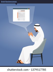 Arab Emirate Businessman Character with Phone Surfing Web. Viewing Agreement Document.