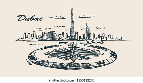 Arab Emirates Dubai skyline hand drawn. Dubai sketch style vector illustration.Palm Jumeirah island.
