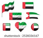 Arab Emirates flag set of icons. Vector flag of UAE, symbol. Set of Arab Emirates flags button, waved, heart.