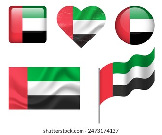 Arab Emirates flag set of icons. Vector flag of UAE, symbol. Set of Arab Emirates flags button, waved, heart.