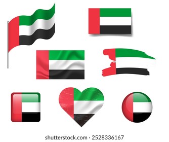 Emirados Árabes conjunto de ícones de bandeira. Bandeira dos EAU, símbolo. Botão Set of Arab Emirates flags, acenado, coração.