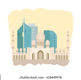 Arab emirates landmarks concept. Tradition and architectural attractions of the state, hotels, cultural values. Modern vector illustration isolated.