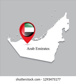 Arab Emirates map with white shadow and country name on the map. Check-in point with a national flag on a gray background.