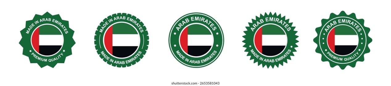 arab emirates product label set. Arab Emirates flag, premium made in Arab Emirates. Labels, seals, stamps, flags, icons