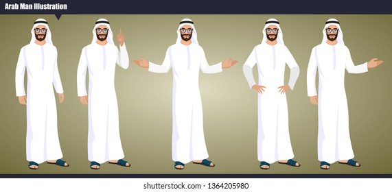 Arab Emirates vector character Set with hand poses and actions illustration. Arab businessman wearing traditional clothing and Islamic head scarf men clothing style Vector illustration.