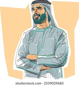 Arab Emirates vector character Set with hand poses and actions illustration. Arab businessman wearing traditional clothing and Islamic head scarf men clothing style Vector illustration.