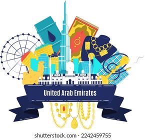 Arabische Emirate, Vektorgrafik. VAE Schild, moderne urbane Silhouette, Bürogebäude. Traditionelles Panorama nach Osten. Symbolkultur und Wirtschaft nach Osten.