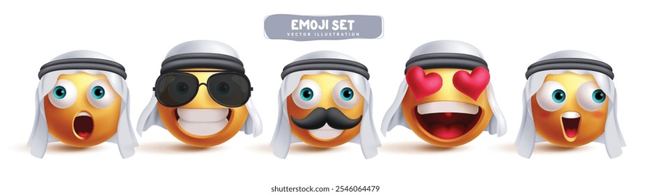 Conjunto vetorial de caracteres emojis árabes. Sheikh saudi emojis personagem clip art em choque, feliz, sorrindo, no amor e surpreendente expressão facial usando ghutra coleção de véus. Ilustração vetorial 3d árabe 