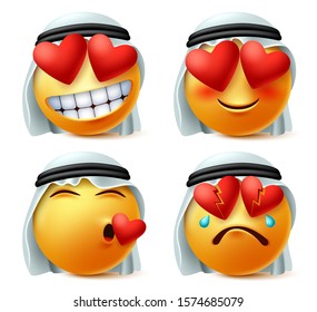 Arab emoticon of heart and love vector emoji set. Saudi arabian emoticon cute face in in love, broken, hurt and loved expression wearing traditional agal and ghutra isolated in white background. 