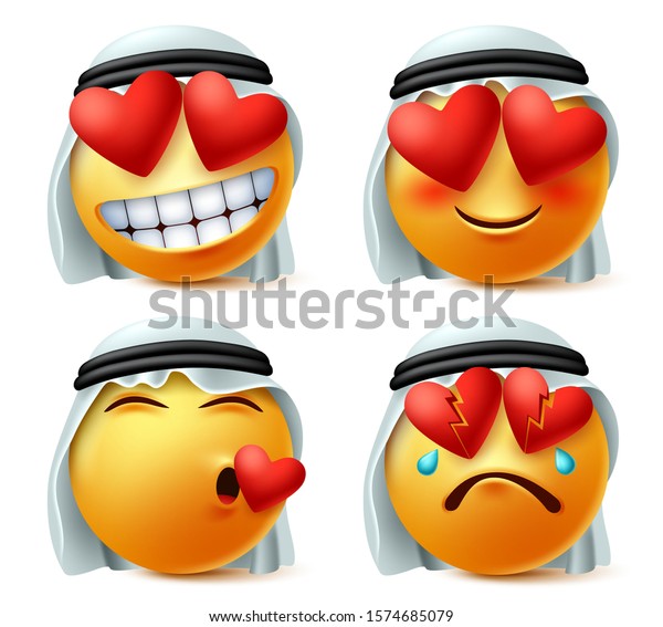 心と愛のベクター画像セットのアラブの絵文字 白い背景に伝統的なアガルとグトラを着た 愛情に満ちたサウジアラビア人の顔文字 壊れ 傷つき 愛する表現 のベクター画像素材 ロイヤリティフリー