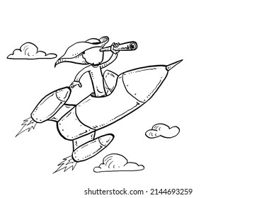 Arab entrepreneur on open rocket using telescope searching future business opportunity. Startup vision concept. Hand drawn vector illustration design