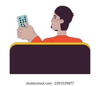 Arab eyeglasses man switching channel tv 2D linear cartoon character. Middle eastern bearded man holding tv remote control isolated line vector person white background. Color flat spot illustration