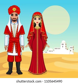 Arab fairy tale. Animation portrait of the beautiful Arab family in ancient clothes. A background - a desert landscape, the white city. Vector illustration.