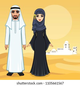 Arab fairy tale. Animation portrait of the beautiful Arabic family in ancient clothes. A background - a desert landscape, the white city. Vector illustration.