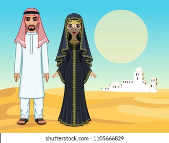 Arab fairy tale. Animation portrait of the beautiful Arabic family in ancient clothes. A background - a desert landscape, the white city. Vector illustration.