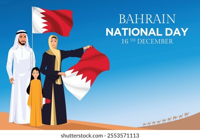 Arab families celebrate Kingdom of Bahrain National Day Arab women were holding a flag A young Arab girl waves the National flag on the anniversary Day A  civilian hosts a flag in the desert 