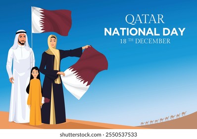 Arab families celebrate Qatar National Day Arab women were holding a flag A young Arab girl waves the Qatar flag on National Day A Qatar civilian hosts a flag in the desert for a National holiday