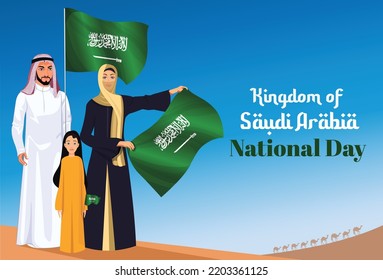 Arabische Familien feiern den Nationalfeiertag Saudi-Arabiens. Arabische Frauen hielten eine Flagge. Ein junges arabisches Mädchen schwingt am Nationalfeiertag die saudische Flagge. Eine saudische Zivilbevölkerung beherbergt am Nationalfeiertag eine Flagge in der Wüste